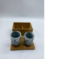 Set of 2 Glass, tall hot tea glass with Japanese flower pattern in a wooden box