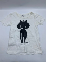 Women's white wide round neck t-shirt with black cat pattern