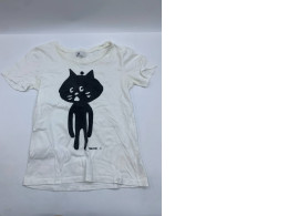 Women's white wide round neck t-shirt with black cat pattern