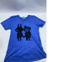 Women's short-sleeved round neck T-shirt in blue with a black cat pattern 