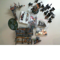 A set of figures and castle walls for a board game