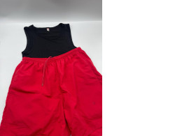 Women's suit: black t-shirt and red shorts