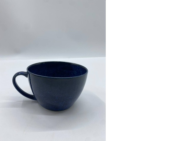 Glass, coffee glass with blue handle Glass, coffee glass with blue handle