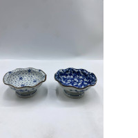 Set of 2 Glass  Japanese Porcelain Karakusa Footed Blue Dish Bowl Abstract  