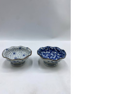 Set of 2 Glass  Japanese Porcelain Karakusa Footed Blue Dish Bowl Abstract  