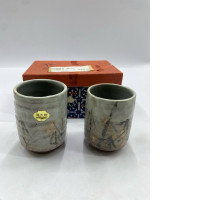 Set of 2 Glass Light brown Japanese tea glass with bamboo leaf pattern