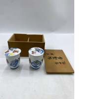 Set of 2 Glass, white Japanese tea glass with flower pattern in a wooden box 