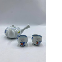 Set of 3 White teapot with floral pattern and white teacup with floral pattern, Japan 