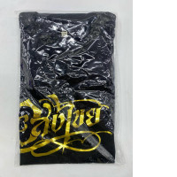 Black short-sleeved round neck T-shirt with gold letter pattern