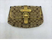  Coach Signature Monogram Front Buckle Y2K Vintage Shoulder Bag with gold metallic accents. 