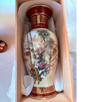 ceramic vase with floral painting and wooden box