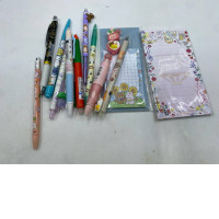 A set of stationery supplies, including: two notepads, two automatic pencils, four red pens, four blue pens, two erasers