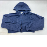 Women's blue long-sleeved hooded zip-up sweatshirt.