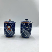 Set of 2 Glass, hot tea mug with blue lid, Japan. 