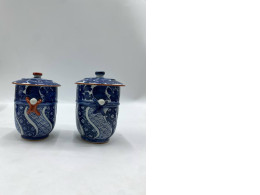 Set of 2 Glass, hot tea mug with blue lid, Japan. 