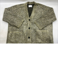  gold or bronze glittery knit cardigan with black buttons and trim. 