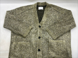  gold or bronze glittery knit cardigan with black buttons and trim. 