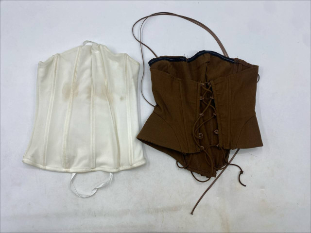 Set of 2 white satin corset top and a brown lace-up corset top Set of 2 white satin corset top and a brown lace-up corset top