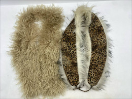 set of 2 Mongolian lamb fur scarves, one beige and one with a leopard print 