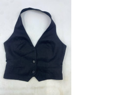 Black tie-neck vest with a V-neck and front button closure.