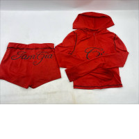 red long-sleeved hooded shirt for women and red shorts.