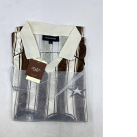 Men's brown polo shirt with white stripes.