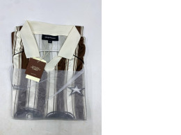 Men's brown polo shirt with white stripes.