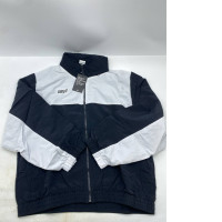 Black windbreaker with white stripes