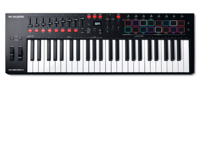 The M-Audio OXYGEN PRO 49 USB MIDI keyboard comes with a charging cable and microphone cable (included). (NOT NEW) The M-Audio OXYGEN PRO 49 USB MIDI keyboard comes with a charging cable and microphone cable (included). (NOT NEW)