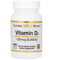 California Gold Nutrition Vitamin D3 125 mcg (5,000 IU) in 90 softgel capsules made from fish gelatin.