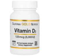 California Gold Nutrition Vitamin D3 125 mcg (5,000 IU) in 90 softgel capsules made from fish gelatin.