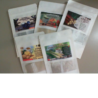 A set of 5 types of tea in bags: lemongrass, ginger, bamboo, matum, blue tea
