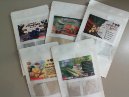 A set of 5 types of tea in bags: lemongrass, ginger, bamboo, matum, blue tea