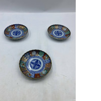 Set of 3 Antique Japanese Imairi-style glass plates feature intricate traditional patterns. Set of 3 Antique Japanese Imairi-style glass plates feature intricate traditional patterns.