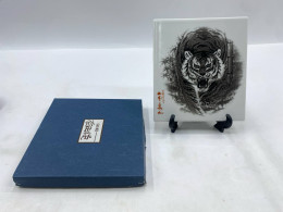 Decorative glass plate with tiger pattern, Aritayaki, dark blue gift box.