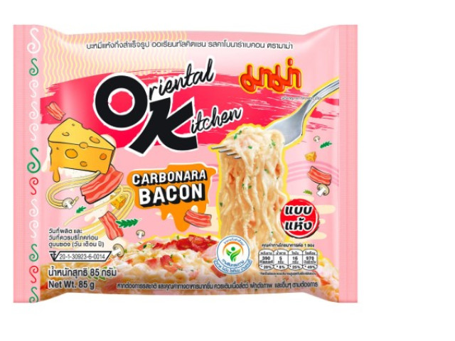 Mama Oriental Kitchen Instant Dry Noodles, Carbonara Bacon Flavor, 85g. Mama Oriental Kitchen Instant Dry Noodles, Carbonara Bacon Flavor, 85g.