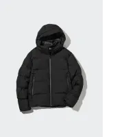 Black seamless down jacket from Uniqlo.