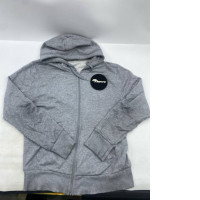 Long-sleeved hooded sweatshirt with a full-length zipper, gray color. 
