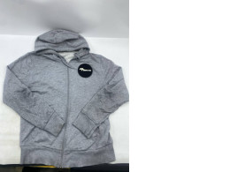 Long-sleeved hooded sweatshirt with a full-length zipper, gray color. 