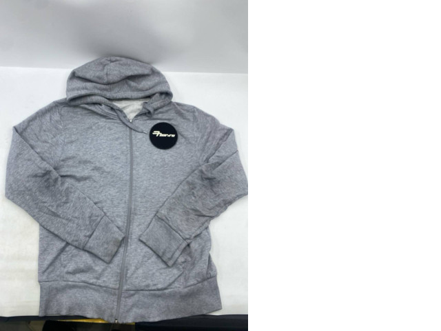 Long-sleeved hooded sweatshirt with a full-length zipper, gray color. Long-sleeved hooded sweatshirt with a full-length zipper, gray color.