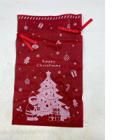  festive red fabric drawstring gift bag or "Santa sack" with Christmas-themed graphics. 