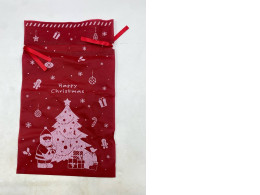  festive red fabric drawstring gift bag or "Santa sack" with Christmas-themed graphics. 