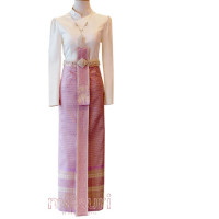 Modernized Thai outfit: Borom Piman style blouse, ready-made sarong, and sash, in lotus pink color.