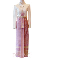 Modernized Thai outfit: Borom Piman style blouse, ready-made sarong, and sash, in lotus pink color.