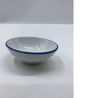 Small white melamine glass bowl with blue rim, Cal-Mil brand.