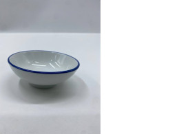 Small white melamine glass bowl with blue rim, Cal-Mil brand.