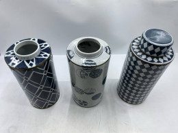 Set of 3 Glass teapot or ginger pot with geometric and decorative patterns in blue and white. Set of 3 Glass teapot or ginger pot with geometric and decorative patterns in blue and white.