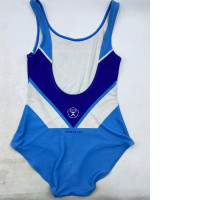 A vintage-style blue and white gymnastics outfit or swimsuit.