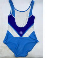 A vintage-style blue and white gymnastics outfit or swimsuit.