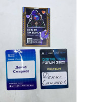 Set of 3 displays three event badges for Denis Smirnov, identifying him as a speaker and tokenomics expert at two different events. 